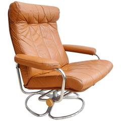 Mid-Century Danish Tan Leather Skippers Mobler Swivel Armchair, 1960s-1970s