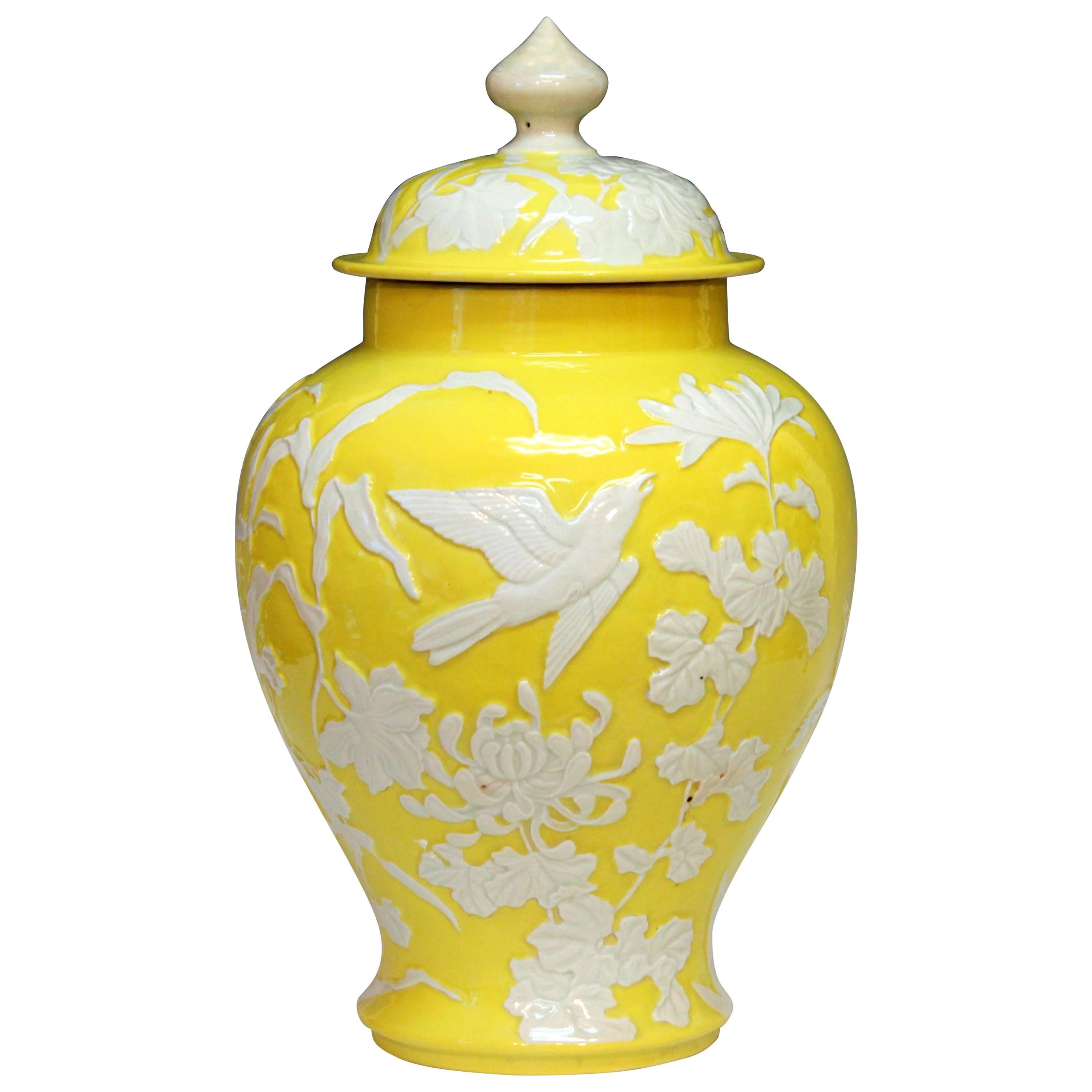Large Antique Japanese Carved Studio Porcelain Yellow Covered Urn Vase