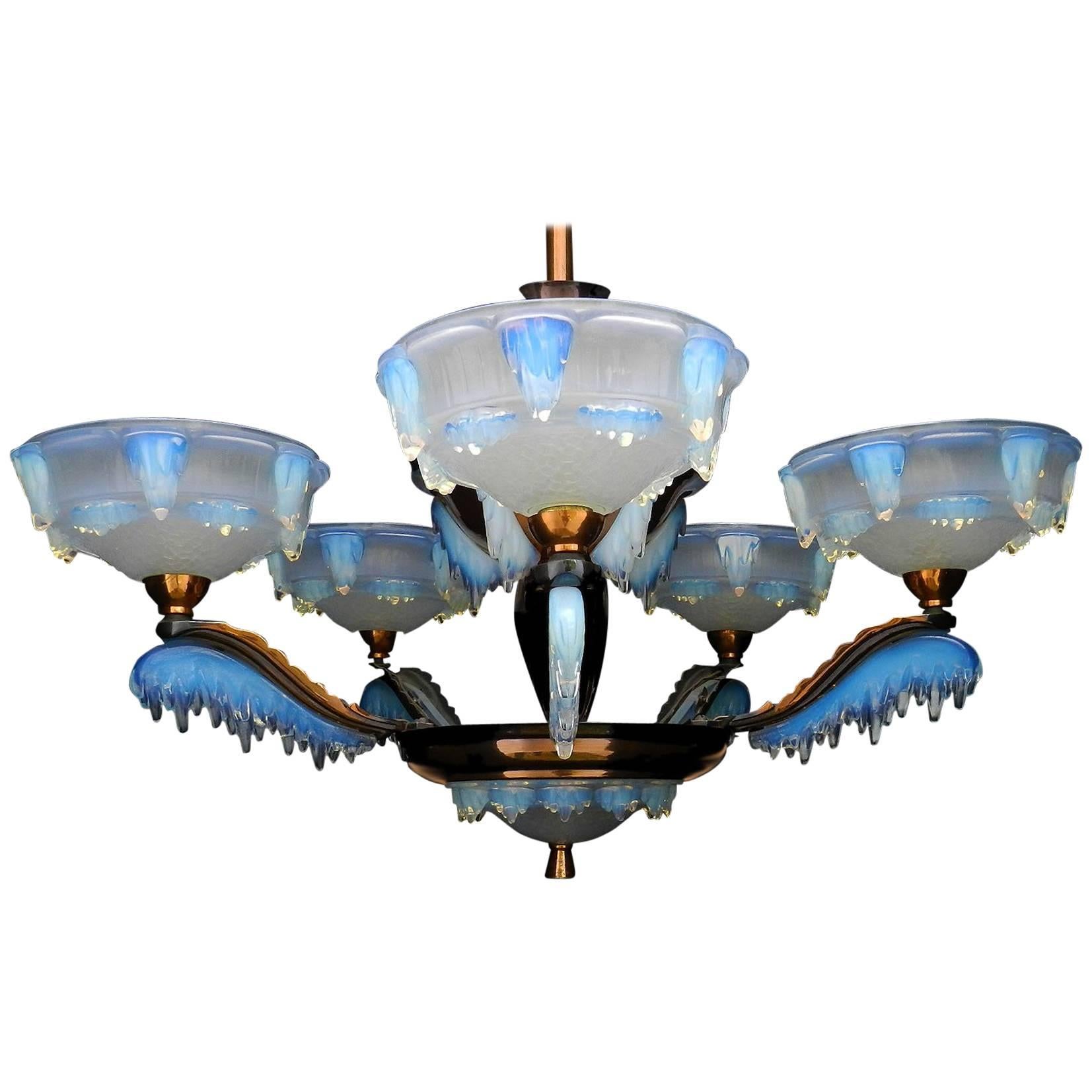 Art Deco Chandelier by Ezan and Petitot French Opalescent Glass and Copper 1930