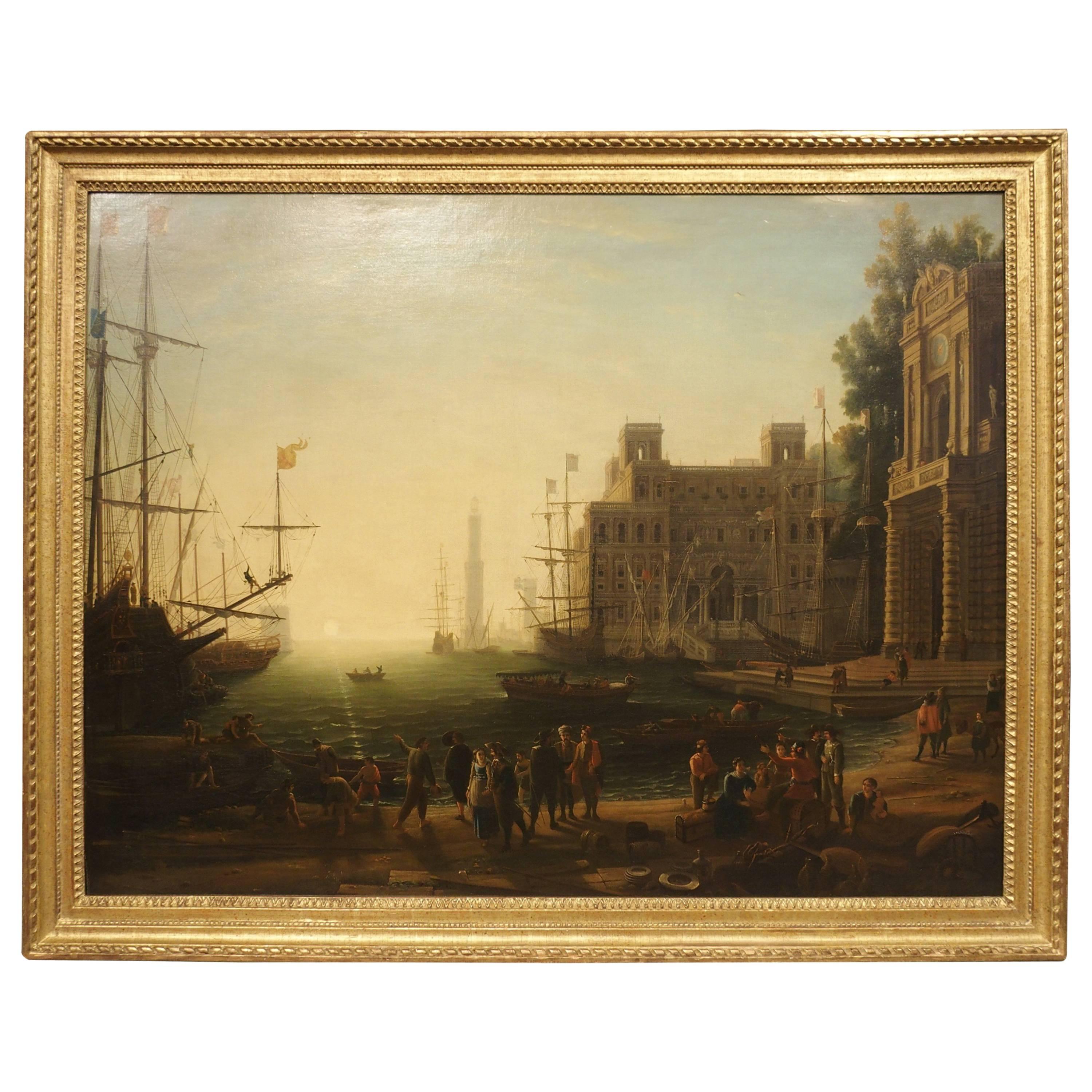 Large Antique Oil Painting on Canvas, Harbour at Sunset and the Villa Medici