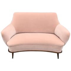 Modern Curved Blush Pink Velvet Walnut Italian Settee
