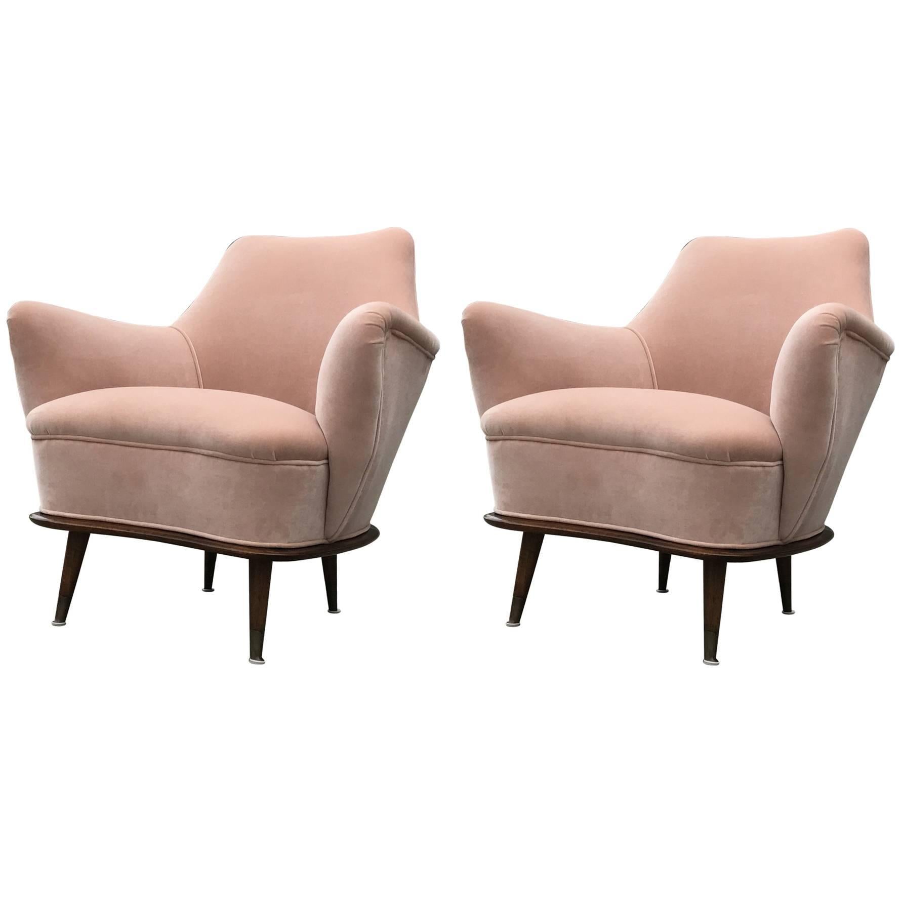 Lovely Modern Pair of Blush / Pink Velvet Italian Lounge Chairs