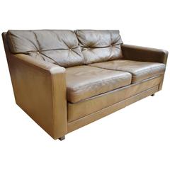 Mid-Century Vintage Danish Brown Leather Two-Seat Sofa Settee Couch, 1970s