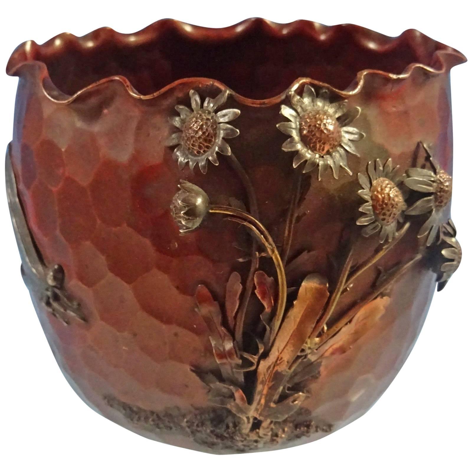 Mixed Metals Gorham Sterling Silver Copper Vase Applied 3-D Flowers Hollowware