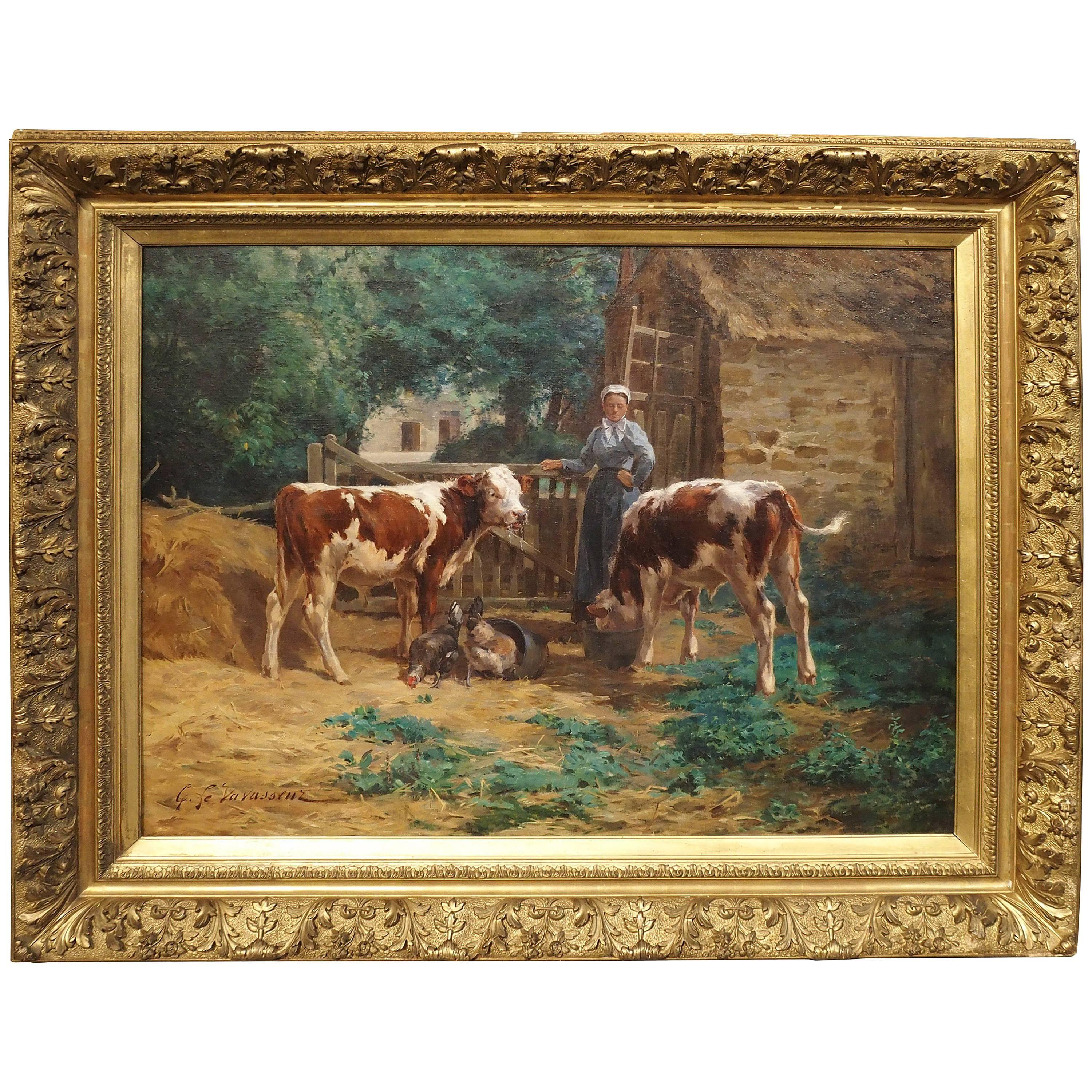 Large Antique French Oil on Canvas, a Farm Scene by Le Vavasseuer