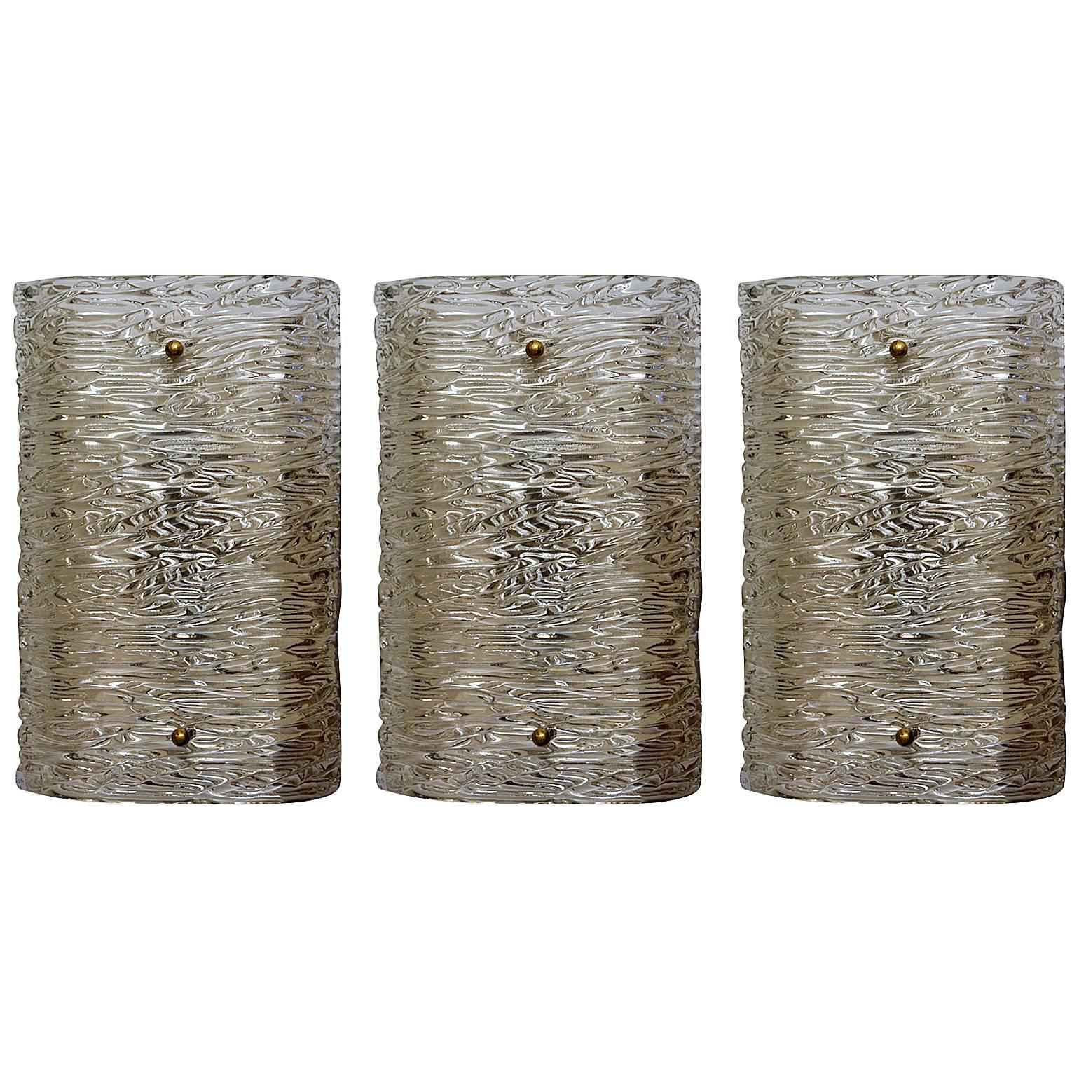 Set of Three Kalmar Glass Wall Sconces with Water Ripple Relief