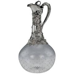 Antique 19th Century Victorian Solid Silver and Cut Glass Claret Wine Jug, circa 1882