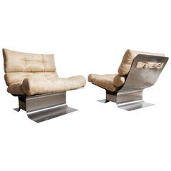 1972, Francois Monnet, Kappa, Pair of Stainless Steel Lounge Chairs, Suede Seat
