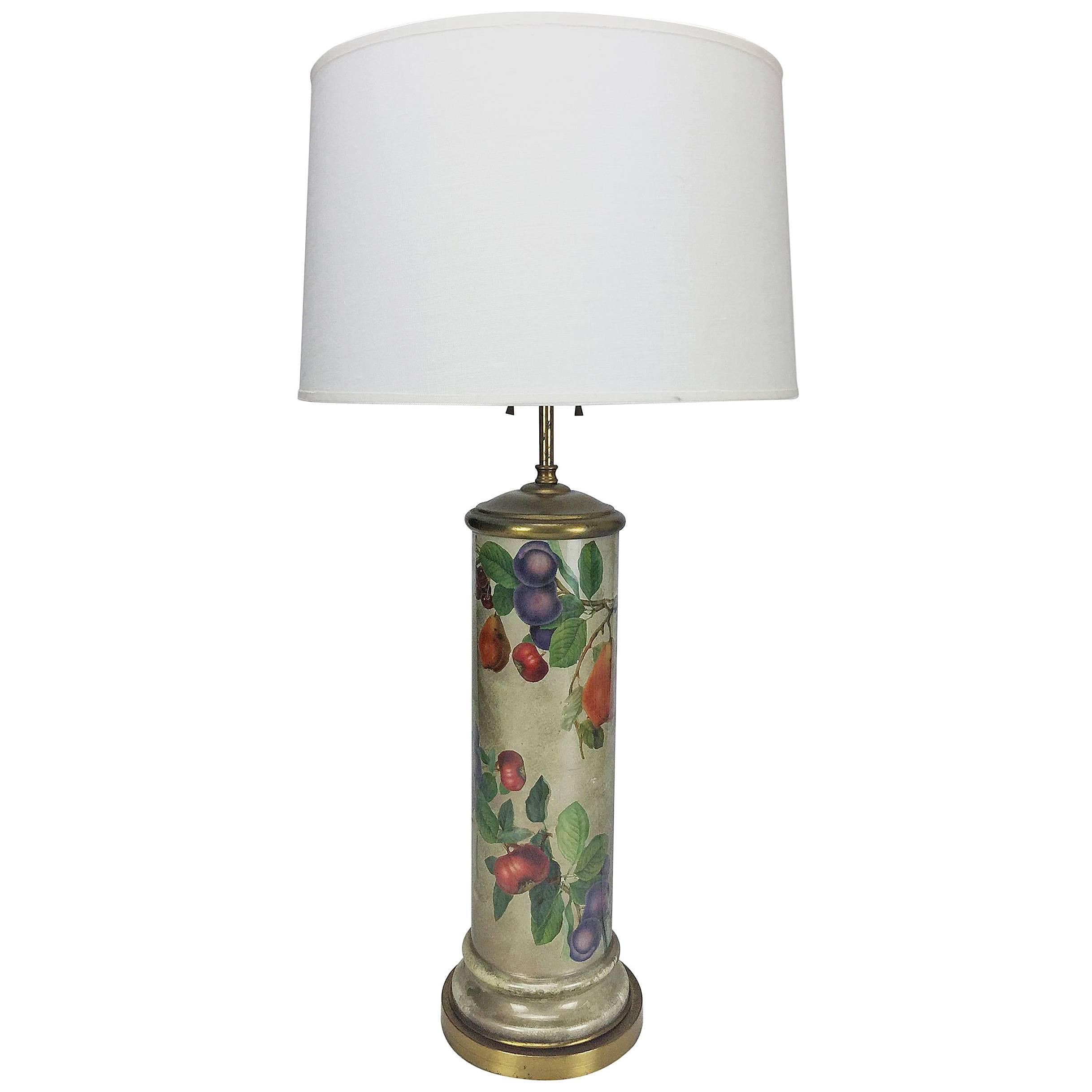Mid-Century Decoupage Silvered Glass Table Lamp with Fruit Design