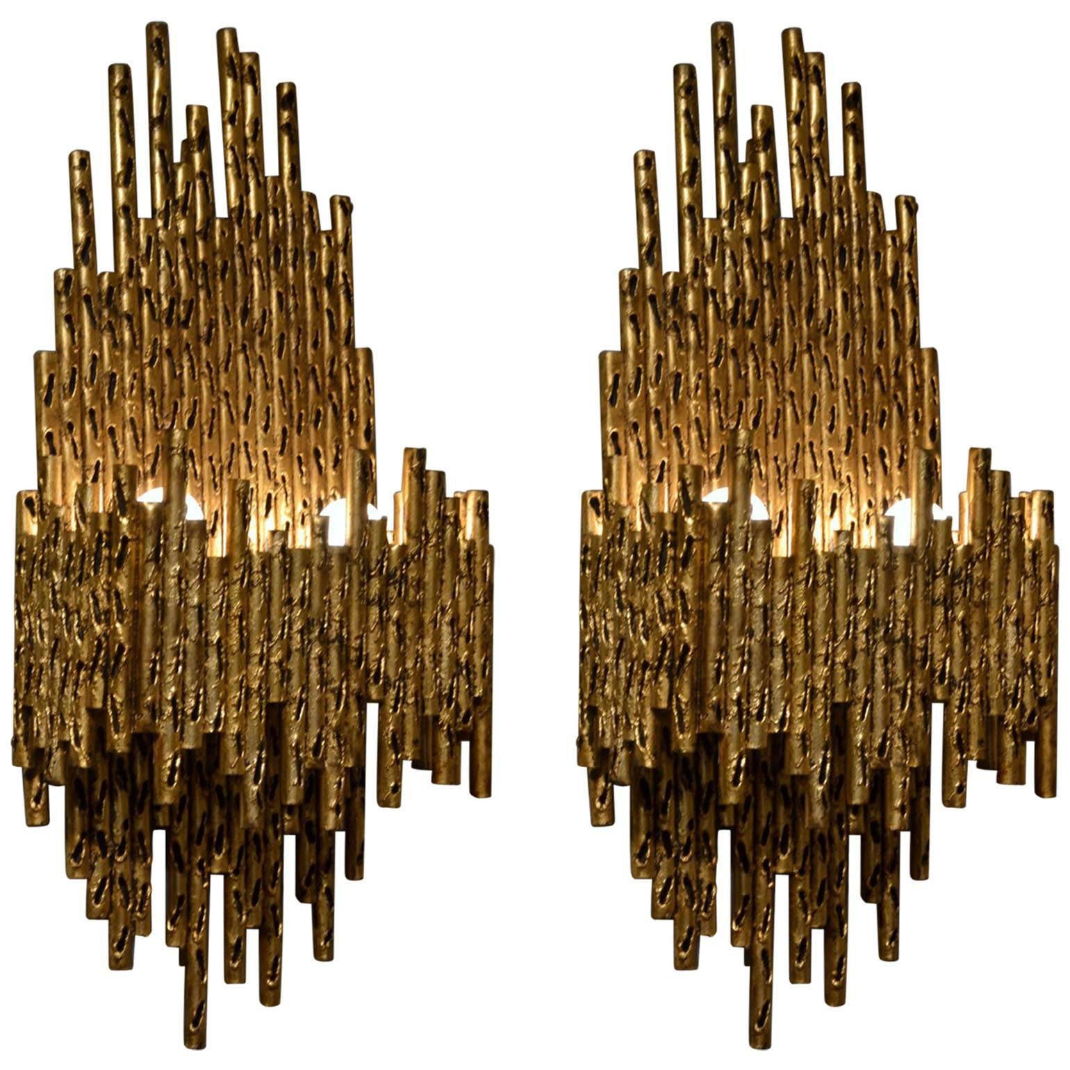 Pair of Gilded Metal Brutalist Wall Sconces by Fantoni Italy