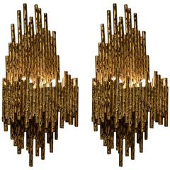 Pair of Gilded Metal Brutalist Wall Sconces by Fantoni Italy