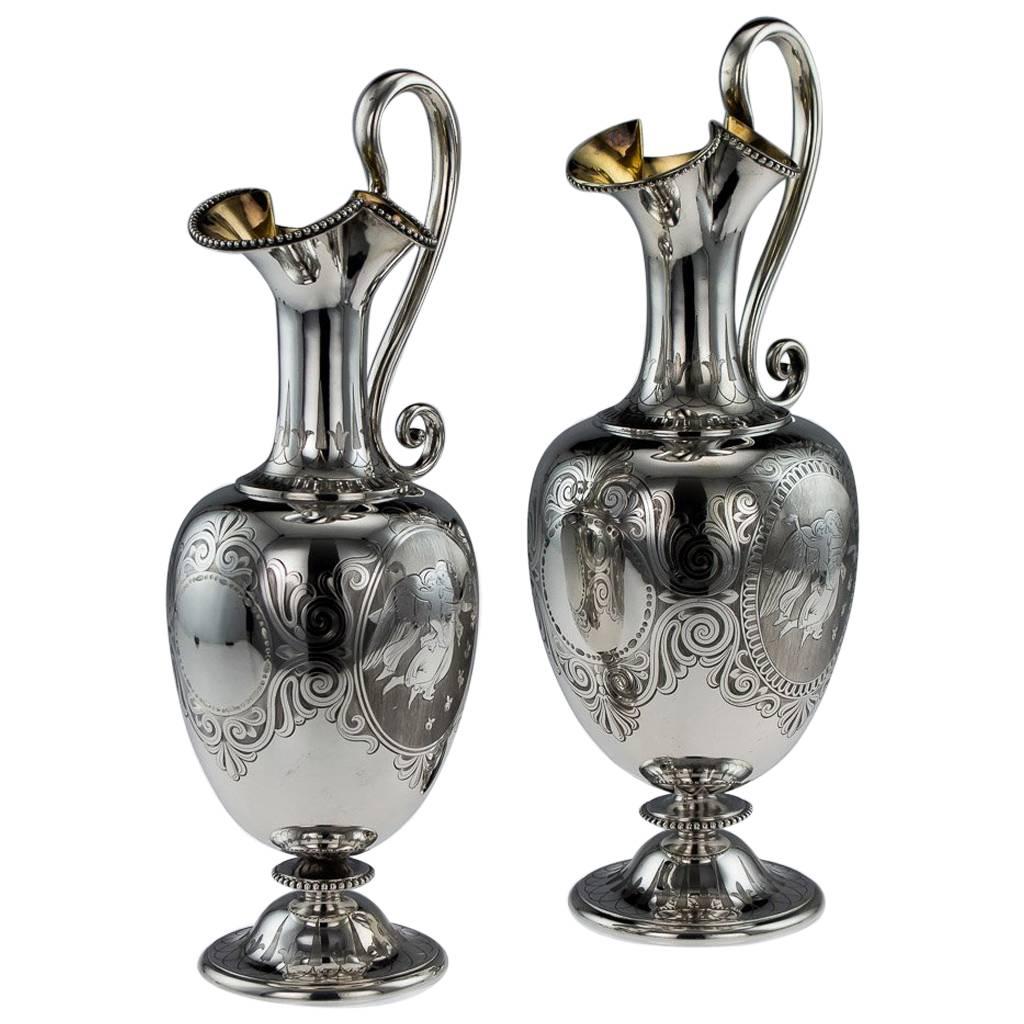 Antique 19th Century Victorian Solid Silver Pair of Wine Jugs, George Angell
