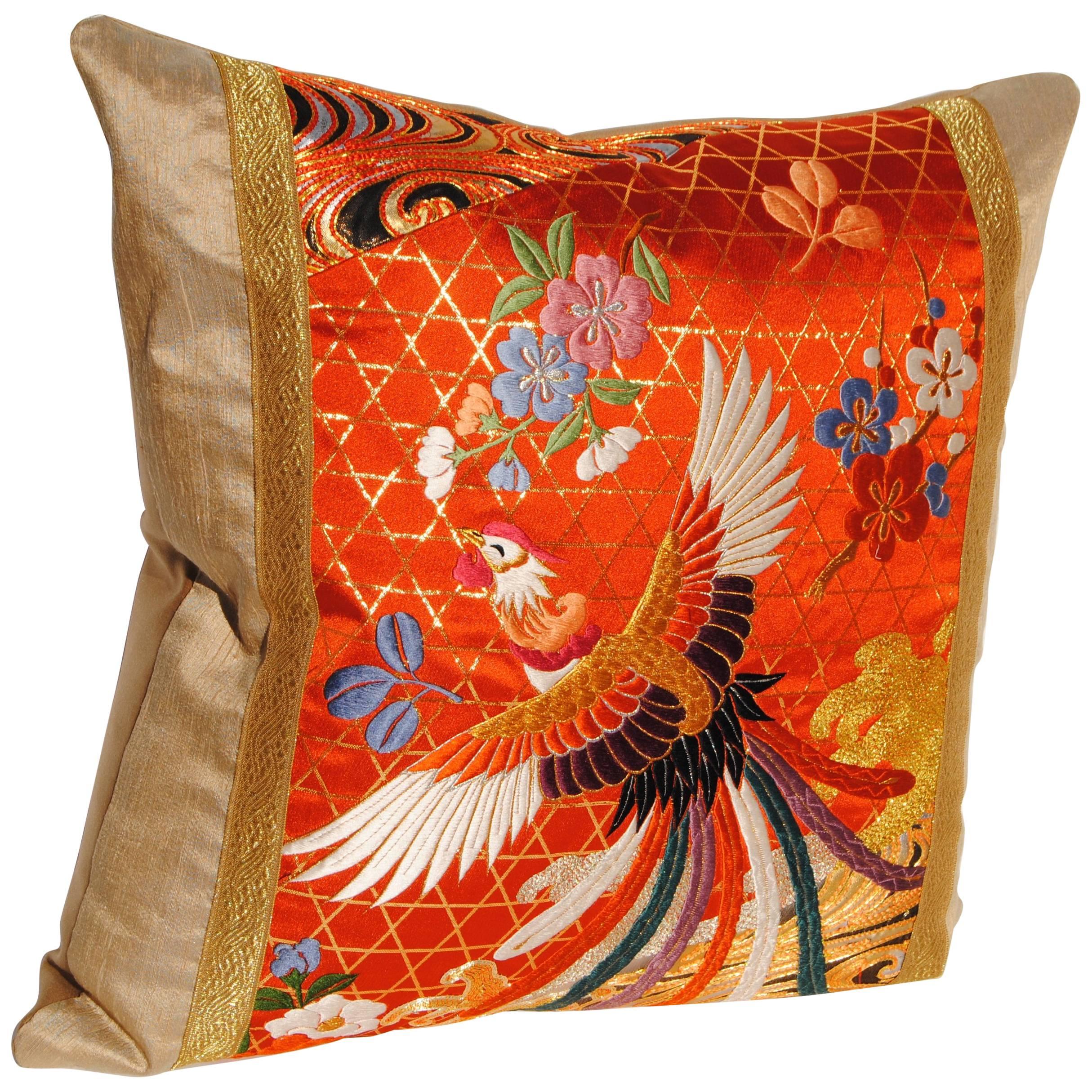Custom Pillow Cut from a Silk Embroidered Japanese Wedding Kimono For Sale