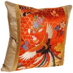 Retro Custom Pillow Cut from a Silk Embroidered Japanese Wedding Kimono