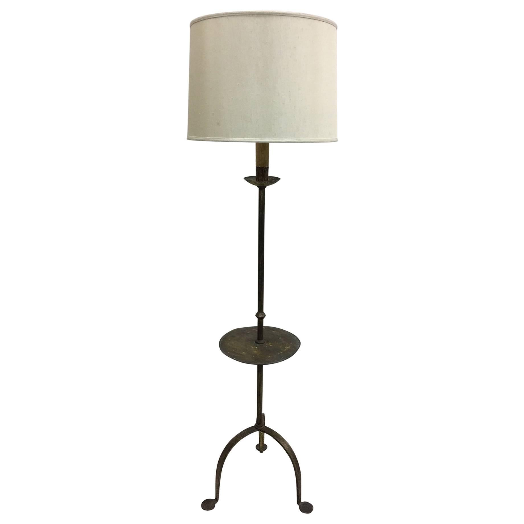 Sculptural French, 1940s Gilt Iron Floor Lamp with Integrated Gueridon