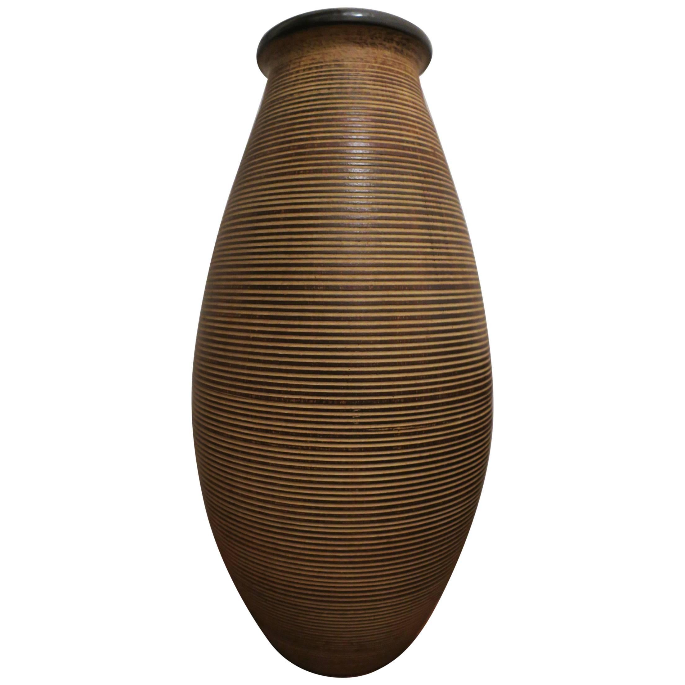 Large German Mid Century Fine Ringed Stoneware Floor Vase For Sale