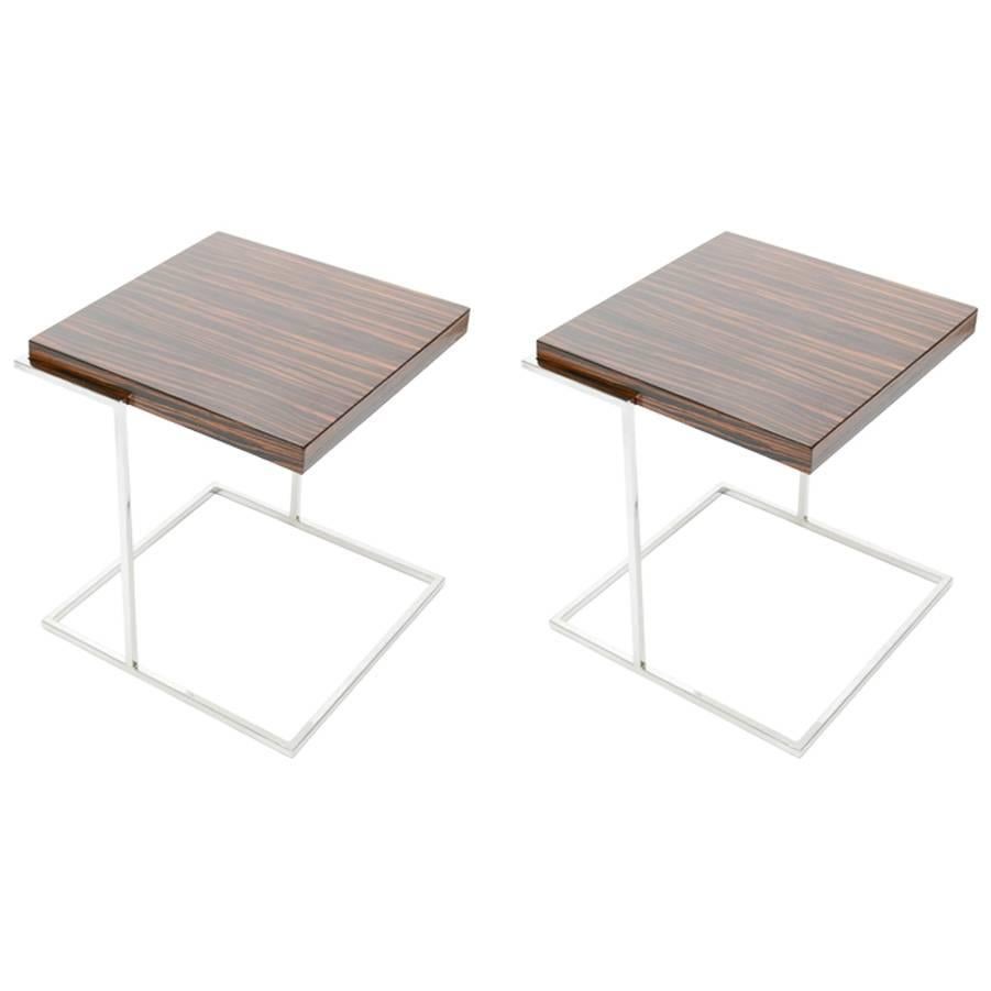 Pair of Stunning Zebra Wood and Chrome Cantilever Side Tables For Sale