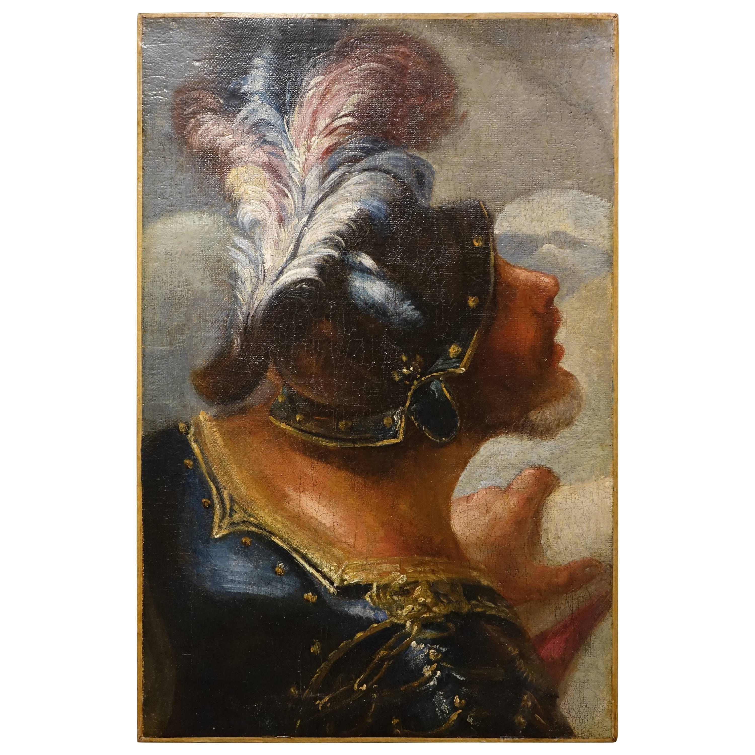 Profile of man in armor, wearing a helmet with pink and blue feathers (Roman soldier) holding a banister, Italy, 17th century. Element of a painting.
Attributed to Andrea Sacchi.
