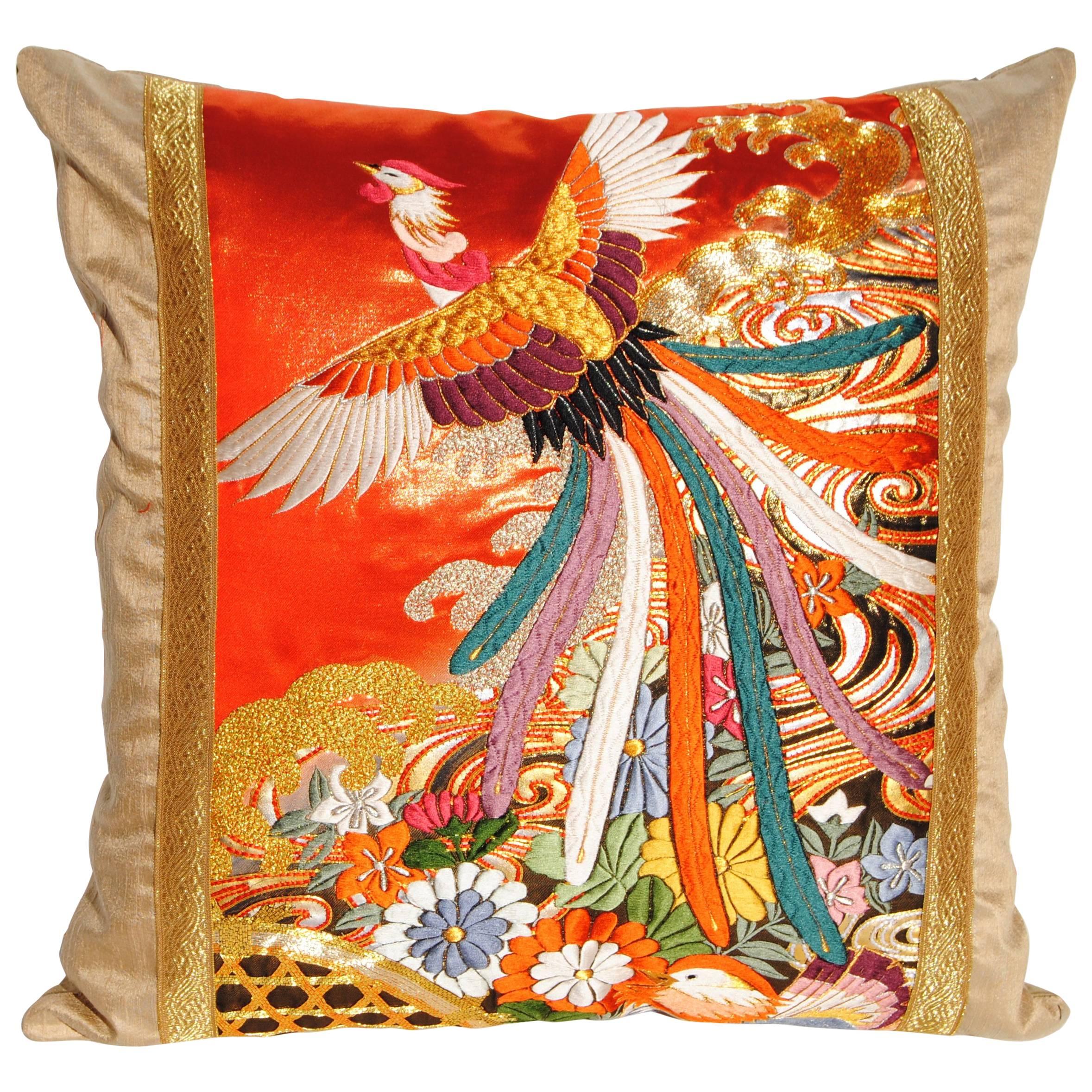Custom Pillow Cut from a Vintage Japanese Silk Embroidered Wedding Kimono For Sale