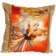 Custom Pillow Cut from a Retro Japanese Silk Embroidered Wedding Kimono