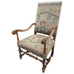 19th Century French Louis XIII Style Walnut Armchair Upholstered in Kilim 10