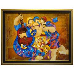 Rare Large Deluxe Framed Oil Music Dance Trio Painting with 24-Karat Dorit Levi