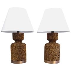 Large Sculptural Pair of 1970s Cork and Brass Table Lamps