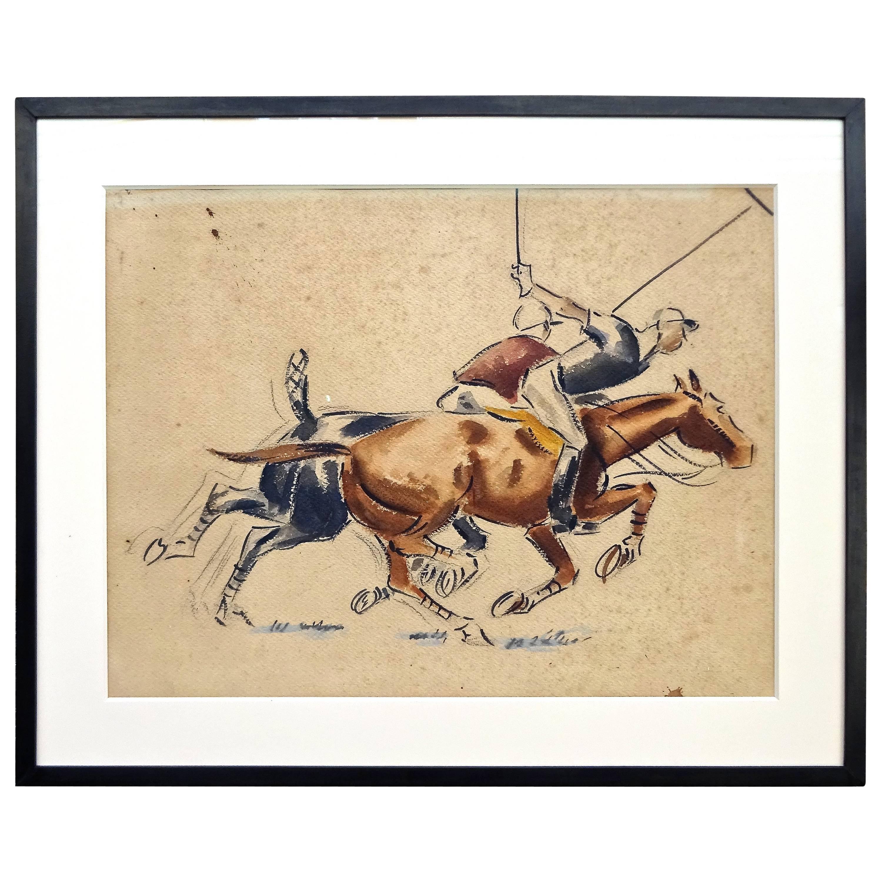 Chic 1930s Art Deco Watercolor Painting with Polo Players