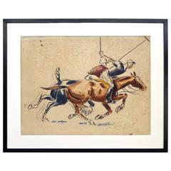 Chic 1930s Art Deco Watercolor Painting with Polo Players