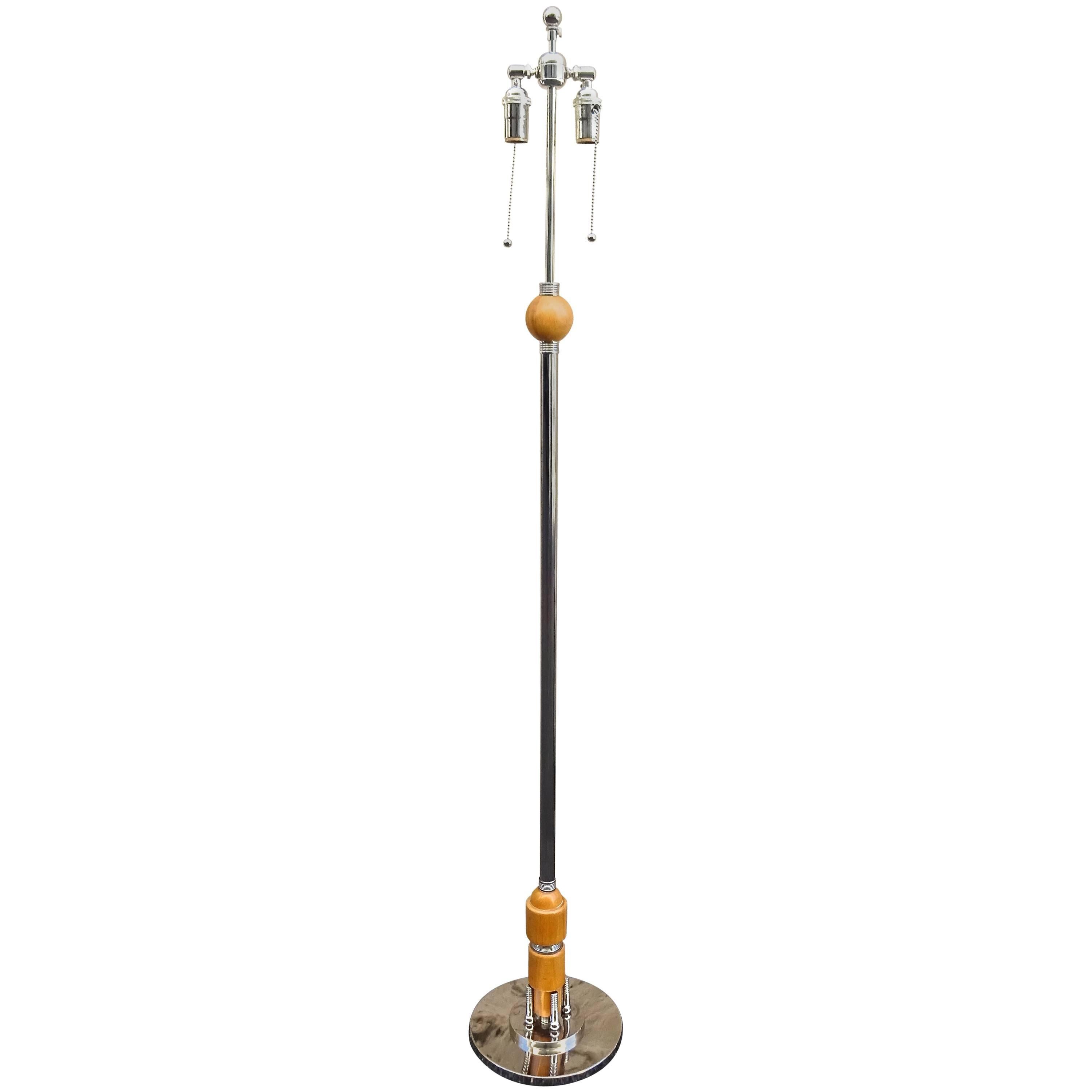 Tall 1930s Machine Age Nickel and Wood Floor Lamp For Sale