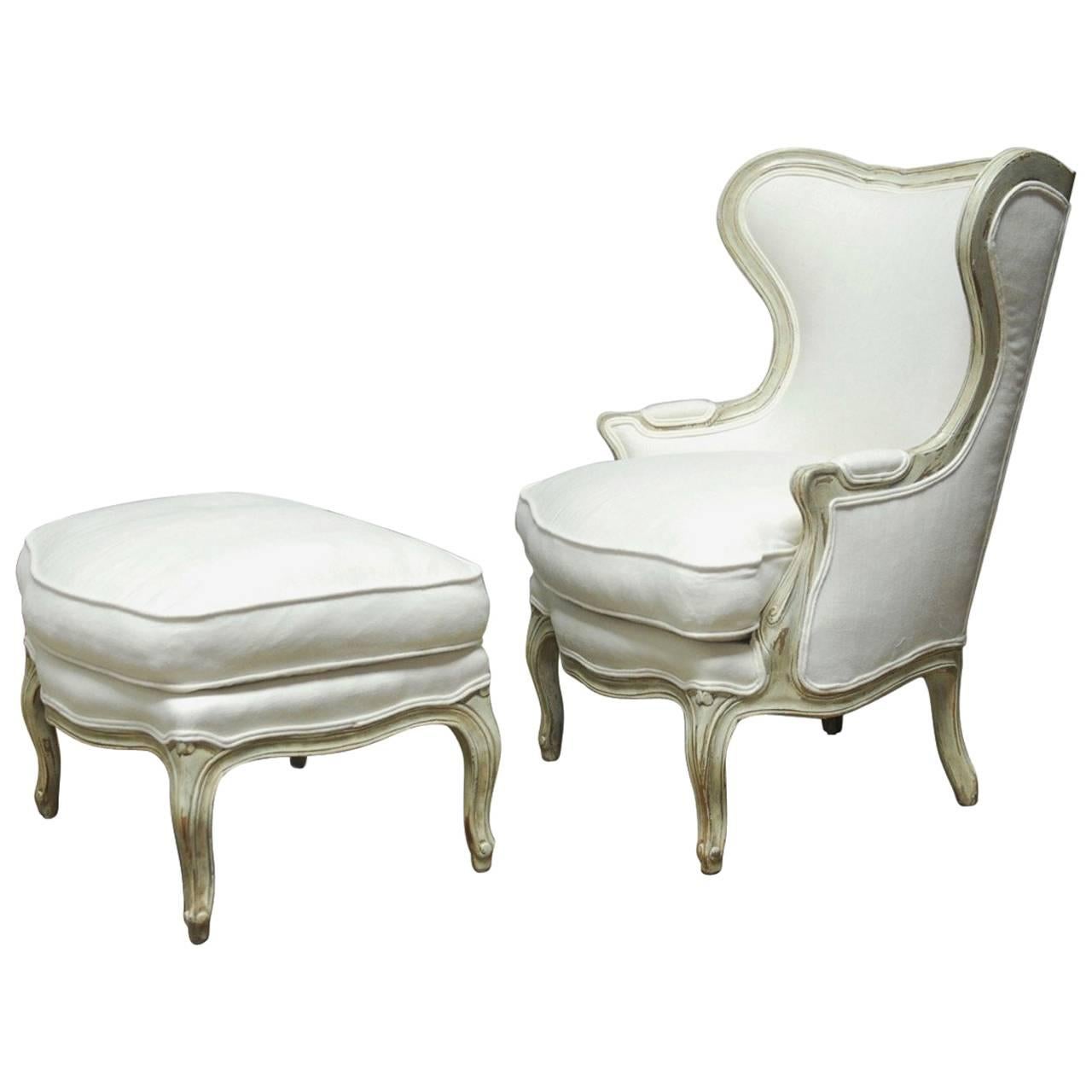Louis XV Painted Wing Chair and Ottoman