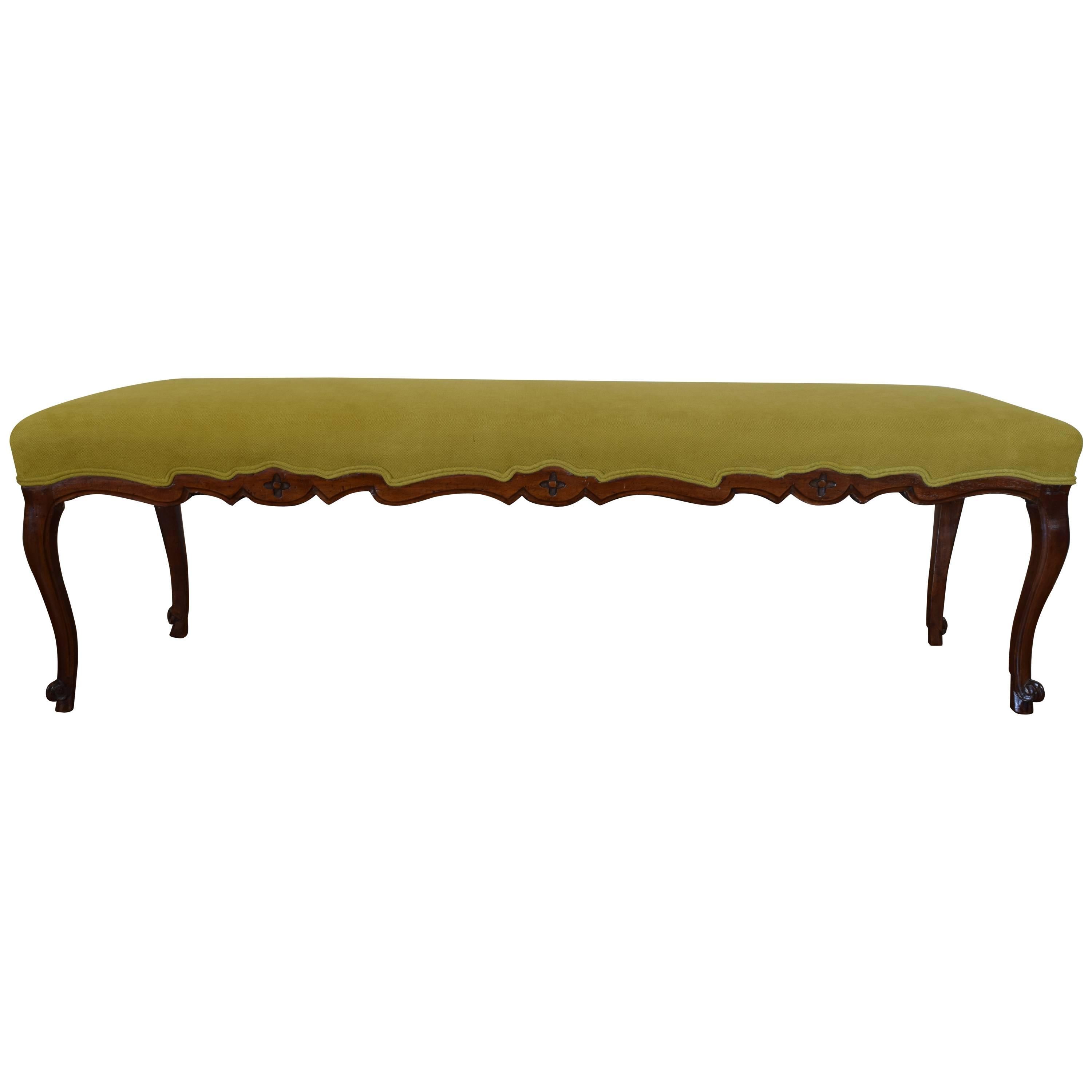 Italian LXV Style Carved Walnut and Upholstered Bench, 19th Century