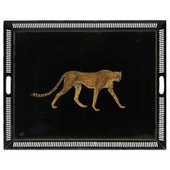 Retro Black and Gold Art Deco Serving Tray with Cheetah Cat, 1970s