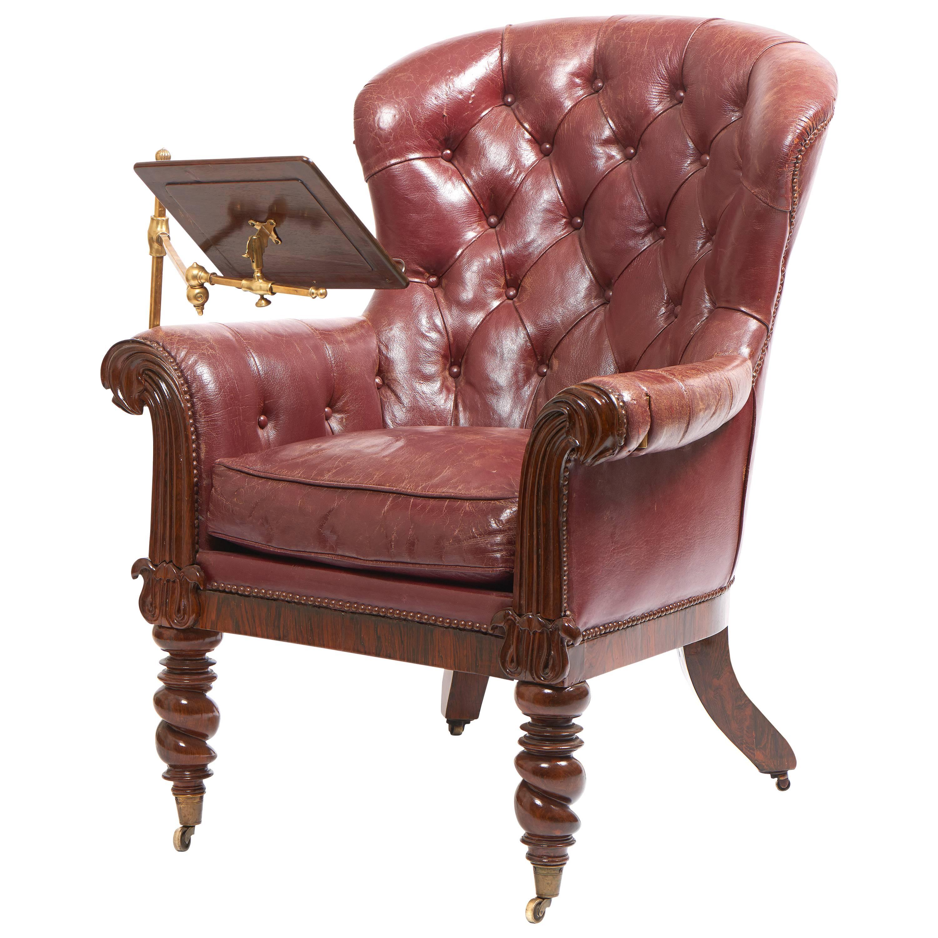 19th Century Rosewood English Reading Armchair with Rouge Original Leather For Sale