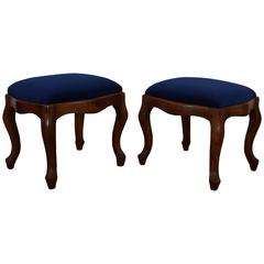 Antique Italian Rococo Style Pair of Walnut and Upholstered Benches, Mid-19th Century