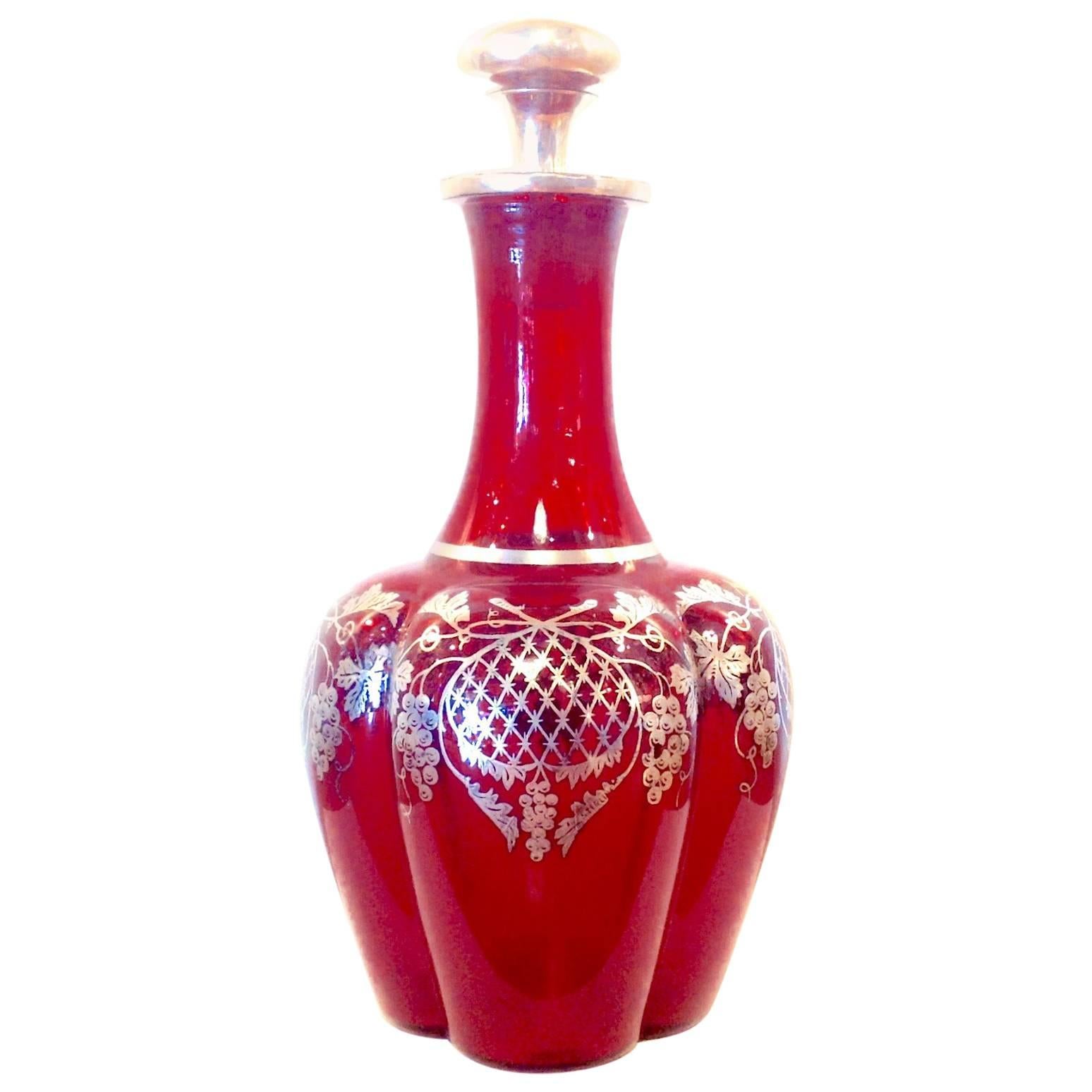 Art Nouveau Ruby Crystal Decanter with Silver Overlay For Sale