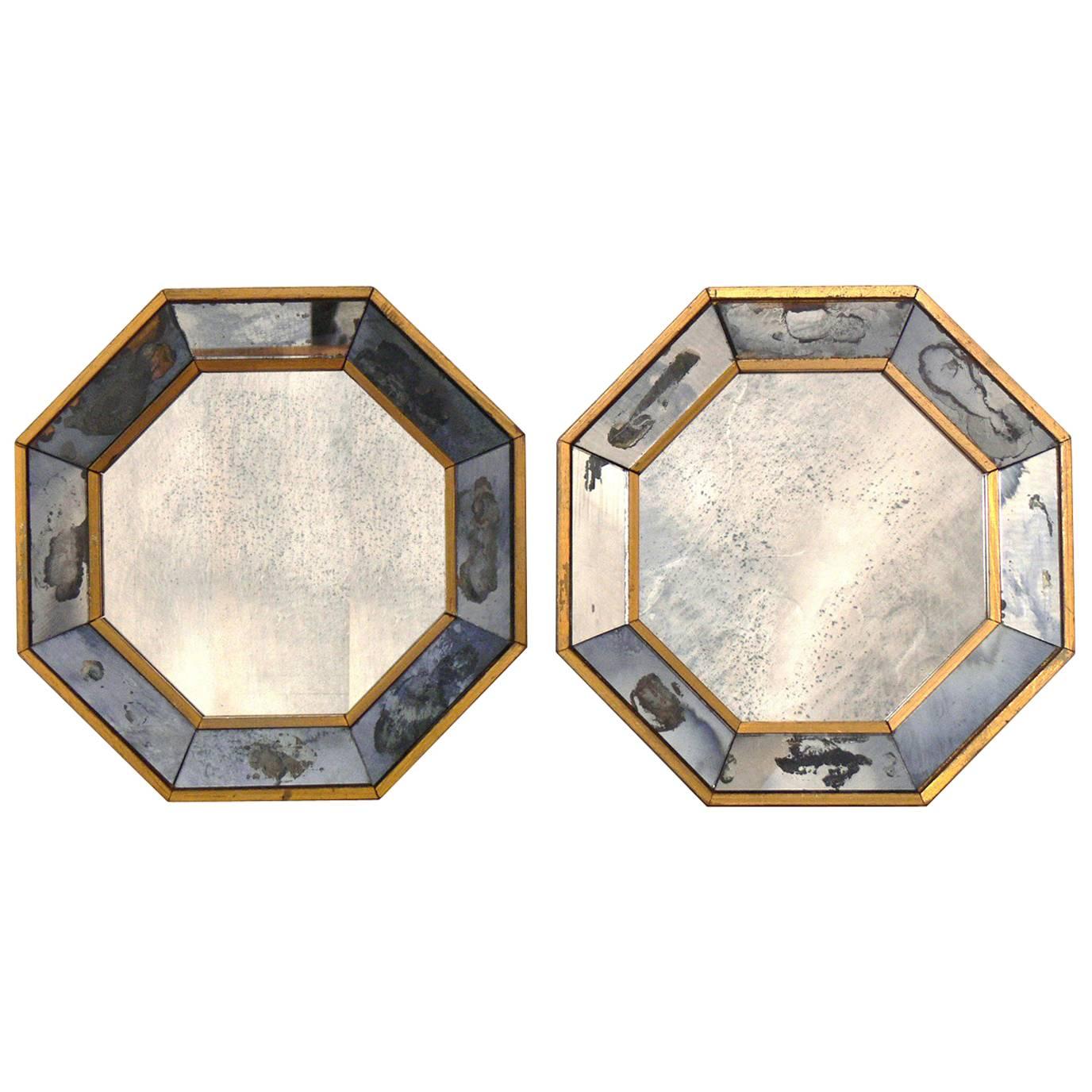 Pair of Petite Antiqued Octagonal Mirrors