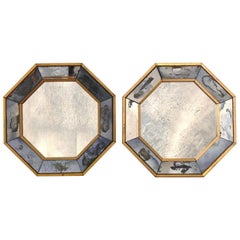 Vintage Pair of Petite Antiqued Octagonal Mirrors