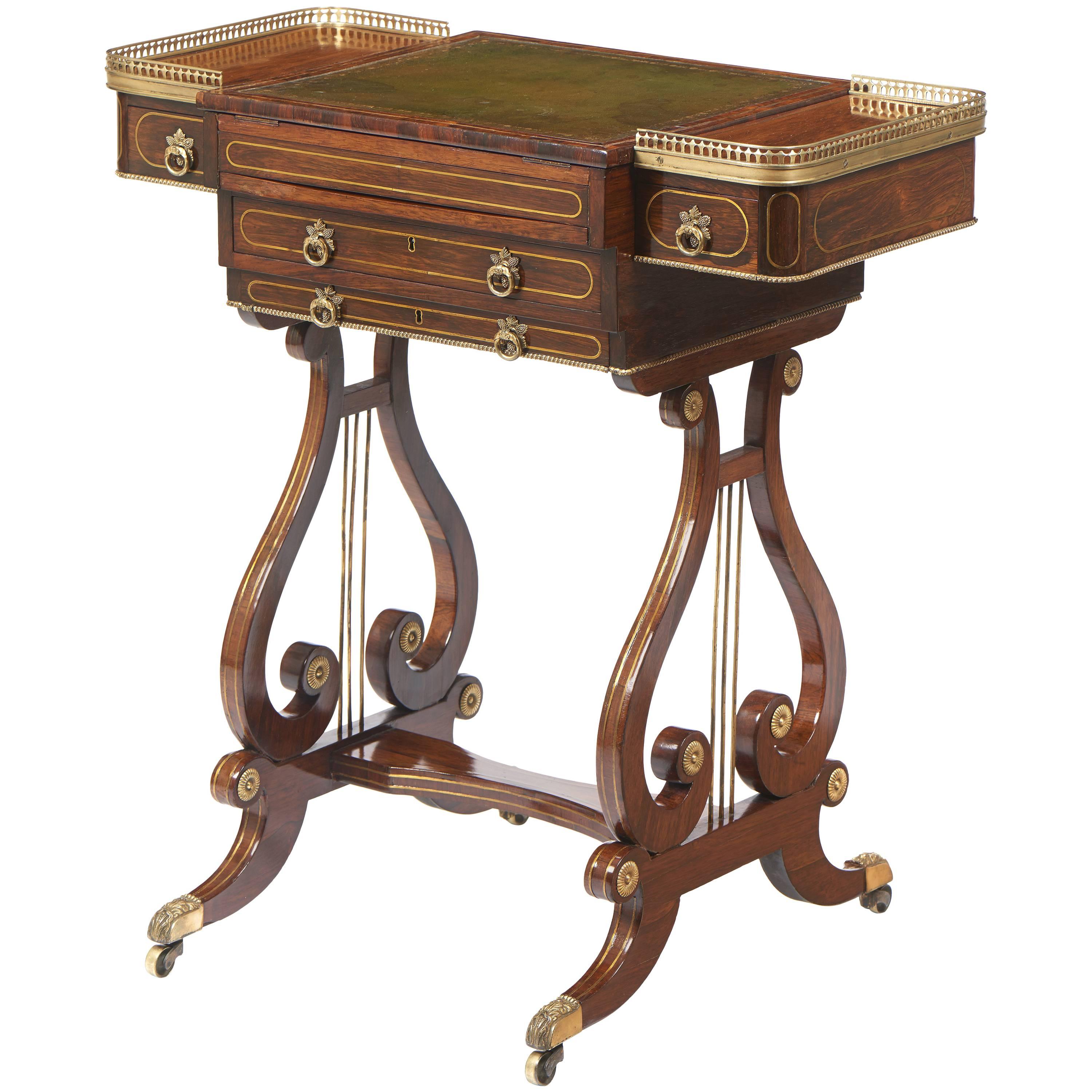 Regency Brass-Mounted and Inlaid Rosewood Writing and Games Table For Sale