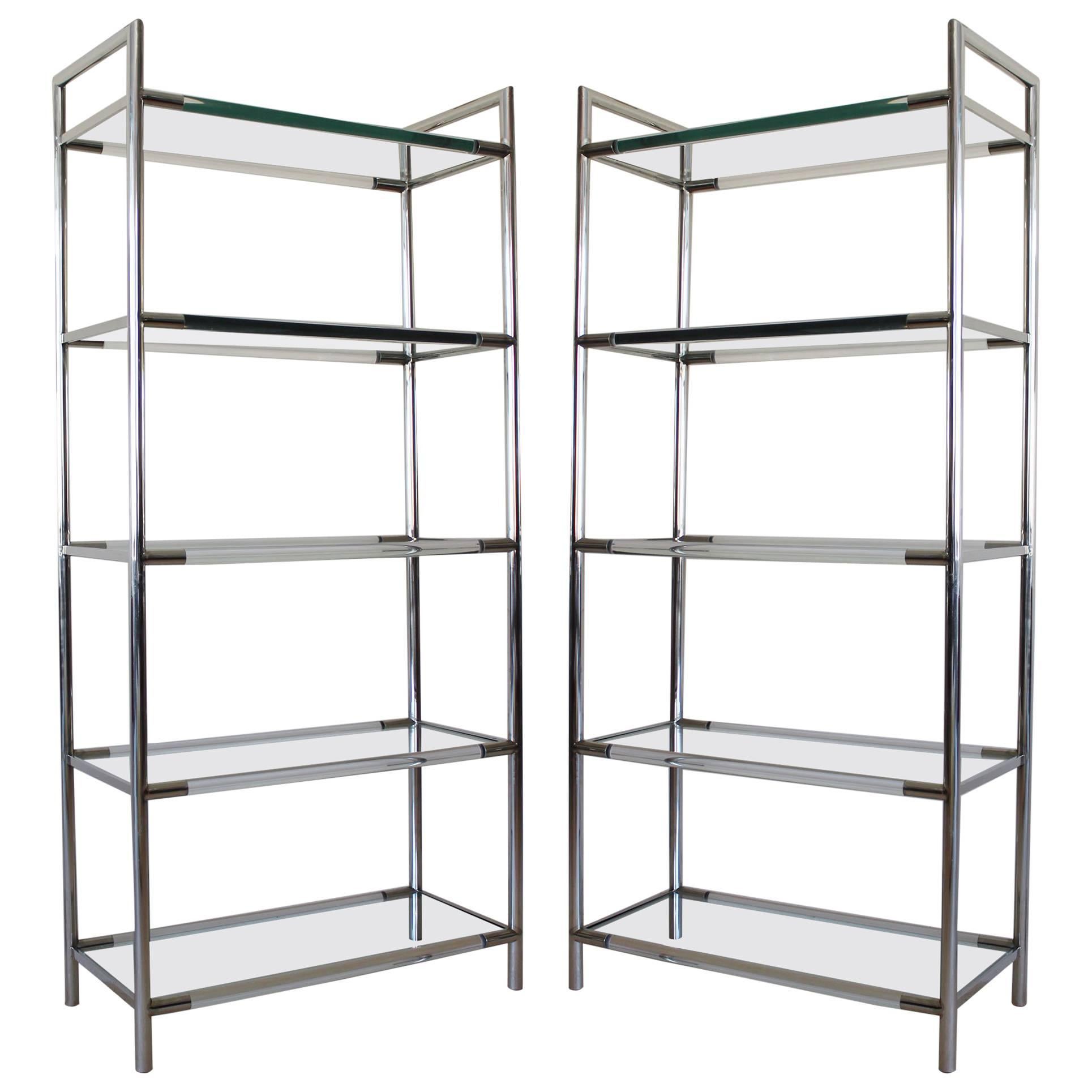 Pair of Chrome and Lucite Etageres For Sale