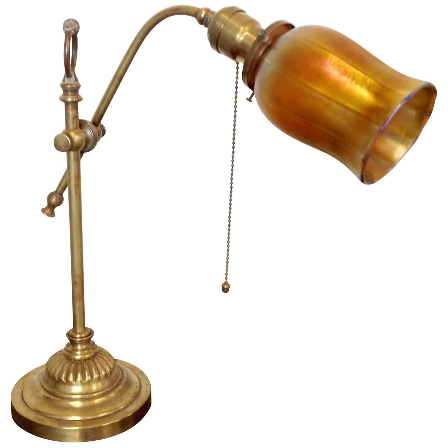 Antique Adjustable Brass Desk Lamp with Lustre Art Glass Shade For Sale