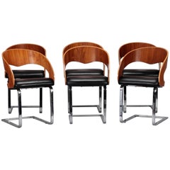 Mid-Century Set Six Beech Leather and Steel Chairs