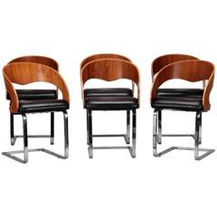 Mid-Century Set Six Beech Leather and Steel Chairs 7