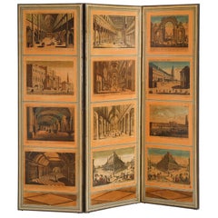 French Directoire Style Folding Screen with European Architectural Scenes