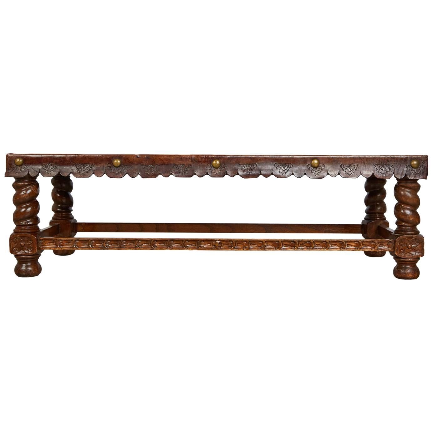 Spanish Baroque Tooled Leather Bench or Coffee Table, Colonial Missionary Scene