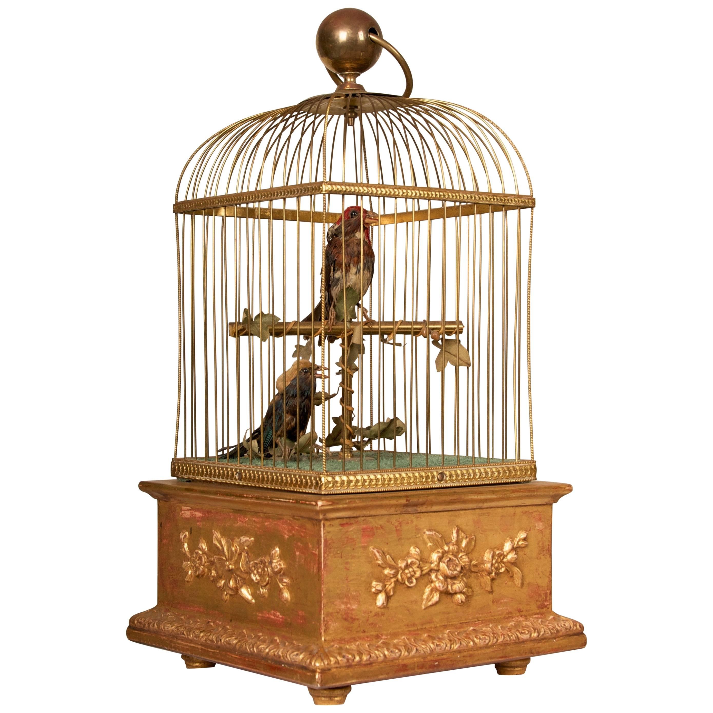 Late 19th Century French Automation Singing Birds in giltwood and brass cage