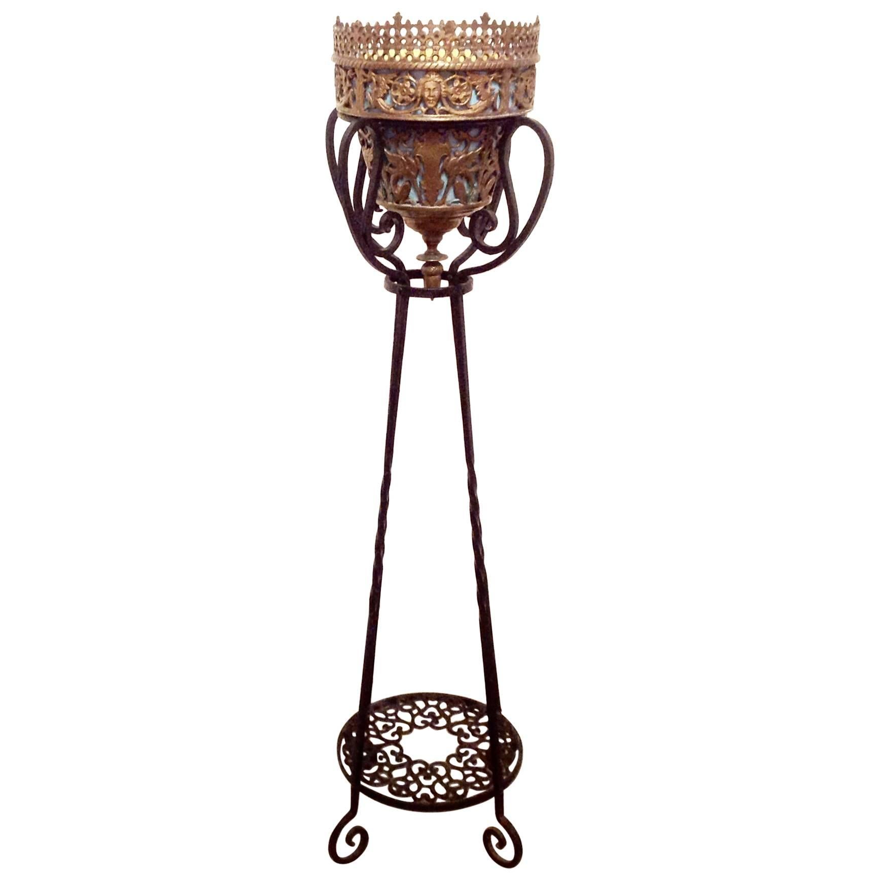 Rare Oscar Bach Wrought Iron and Bronze Standing Planter For Sale