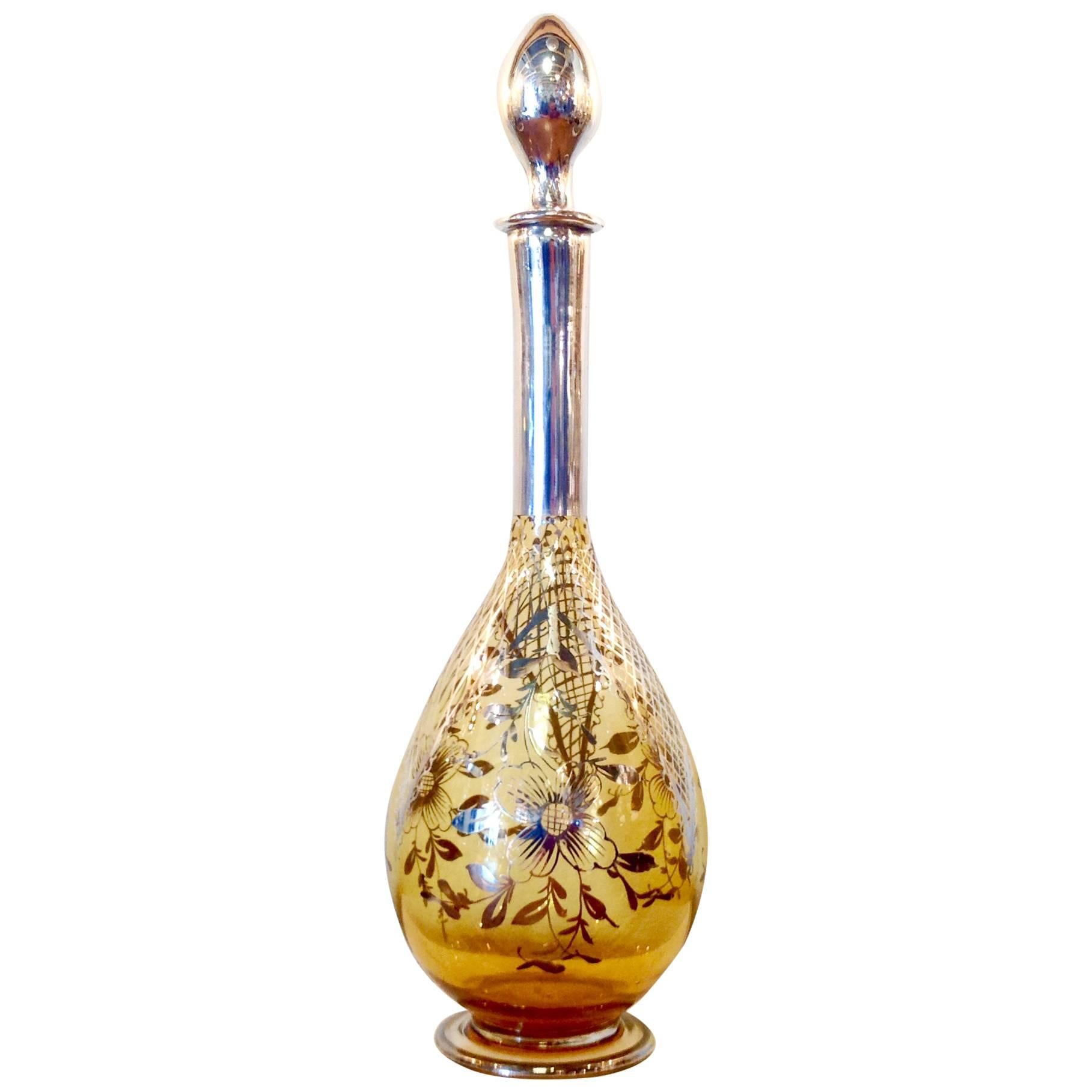 Vintage Amber Crystal and Sterling Silver Wine Decanter For Sale