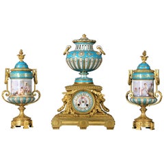 Late 19th Century Gilt Bronze and Turquoise Sèvres Porcelain 'Jeweled' Clock Set