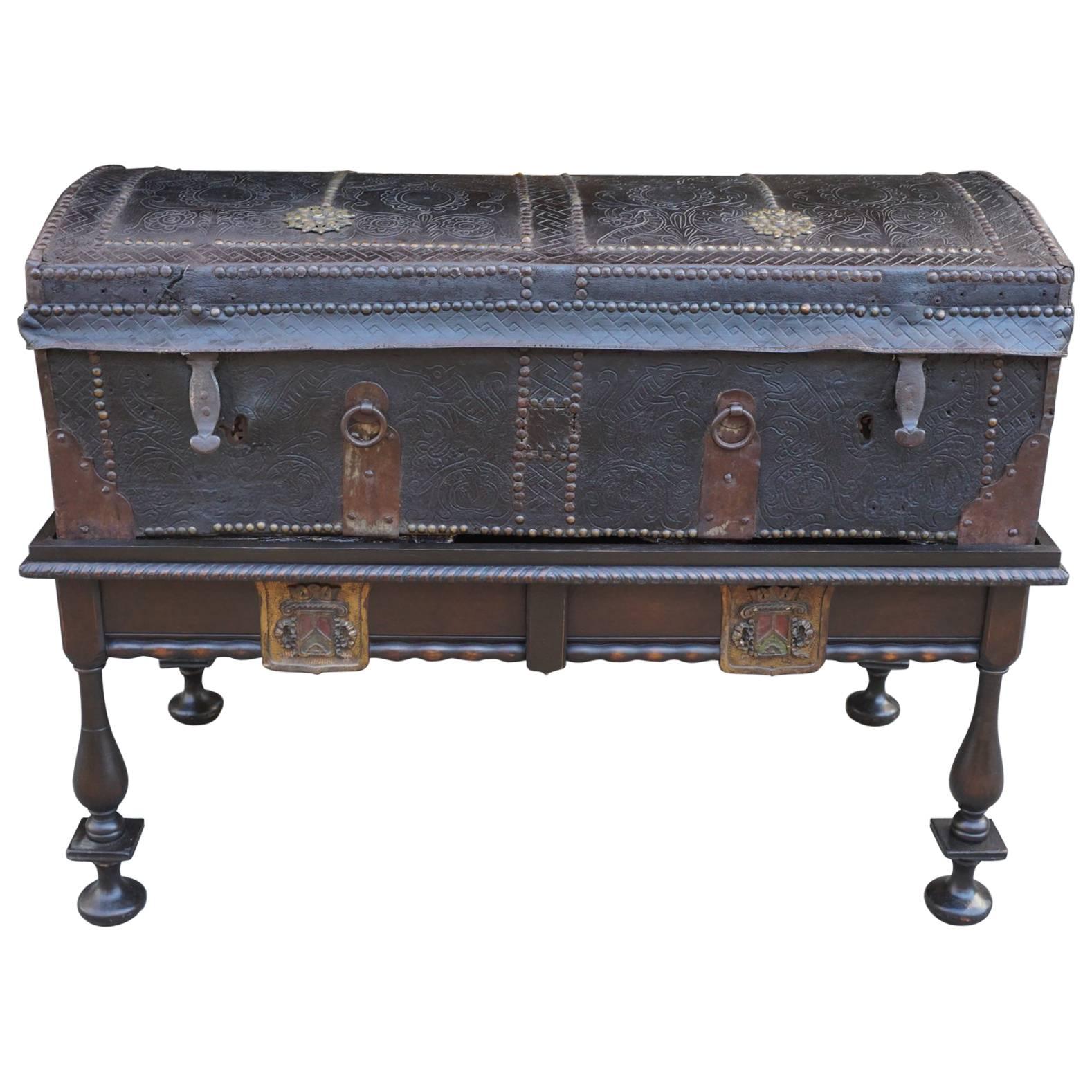 17th Century English Leather Travel Trunk on Later Stand For Sale